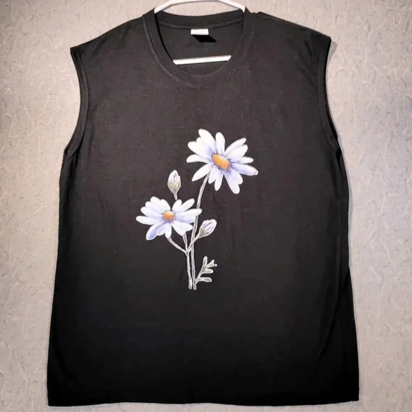Women's Black Daisy Sleeveless Round  Neck Tank Top in Size Large - Picture 1 of 8